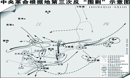 在江西省南部地区,反击国民党军30万兵力对中央苏区"围剿"的战役